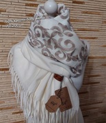 Piękny szal boho haft 50%kaszmir 50% wełna Cashmere r200x70 crem wzór beż