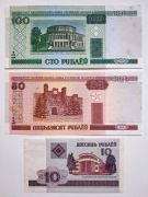 trzy banknoty białoruskie: 10, 50 i 100 rubli; 2000 r.