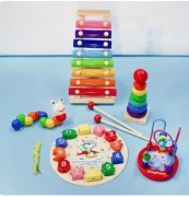 Zestaw Drewnianych Zabawek Montessori : Ksylofon, Zegar,Skręcony Robak...