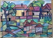 Fryderyk Antoni Hayder, gwasz, 50x70 cm, 1971, Pejzaż z ulami