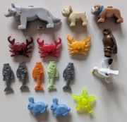 Minifigurki LEGO zwierzęta: wilk, mewa, psy, zajączki, rybki, kraby