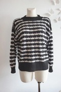 Dziergany sweter vintage wełna wzór czerń i biel oversize S/M