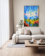 Nowoczesny duży obraz akrylowy, pejzaż, abstrakcja geometryczna, 70x100cm