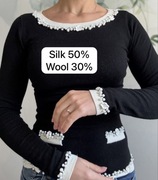 Sweterek jedwab wełna elegancki kwiatki perełki miękki ciepły jesień zima s