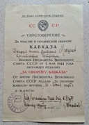 Certyfikat do medalu "Za obronę Kaukazu"