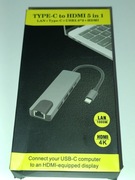 Adapter USB-C 5w1 HDMI 4K RJ45 LAN 100Mb/s 100W PD USB 3.0