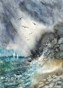 Mewy i burza. Original Akwarela A4