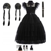 STRÓJ WEDNESDAY ADDAMS PRZEBRANIE SUKIENKA TIULOWA+ PERUKA NA HALOWEEN 146