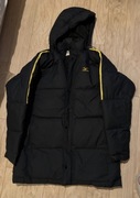 Mizuno – długa puchowa kurtka / bench coat, czarna z żółtymi paskami