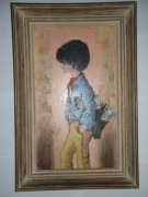 CHLOPIEC W PERUCE / Z GAZETĄ  OLEJNY 1960 SYGN.