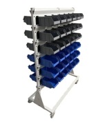 Regał warsztatowy dwustronny na kuwety, 72 dużych pojemników, jezdny