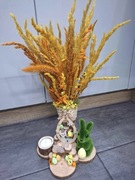 Stroik wielkanocny z plastrów drewnianych koszyk zbóża króliczek jajeczka