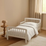 Łóżko 70x140 dla dziecka drewniane z barierkami i stelażem, białe, NOWE