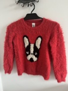 C&A fluffy bright red sweater 122-128 cm with the image of French bulldog