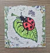 Unikatowa kartka urodzinowa z motywem biedronki na papierze czerpanym.