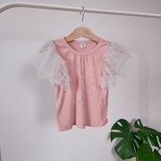 Bluzeczka 110 różowa falbanki tiulowe rękawki tiul krótki rękaw prążkowana