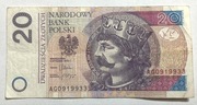 Banknot 20 zł  2012 rok unikat AG 0919933