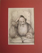 Judaica ŻYD CZYTAJĄCY rysunek kredką 20x14cm + passe-partout 30x24cm