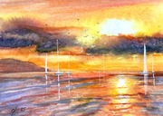 Zachód słońca w lagunie. Akwarela original A4