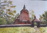 Akwarela , malowane farbami - Kościół , cerkiew ze wsi Czarne ( skansen NS)