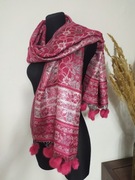 Duży różowy szal Srebrna nić Wiskoza Pompony Kwiaty Orientalny Boho