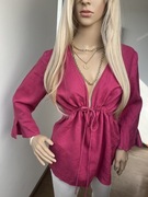 Różowa bluzka Linea 100% len L naturalna tkanina dekolt V vintage buti