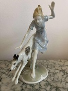 HUTSCHENREUTHER. Art Deco. Figurka. Dziewczynka z chartem Borzoi.