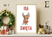plakat A4, Boże Narodzenie, zima, mikołaj, renifer, prezenty
