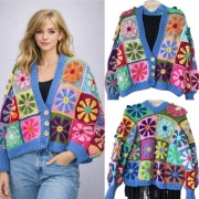 Kardigan sweter hamdmade kwiaty 3D kwadraty babci one size