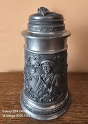 Piękny bavarski cynowy kufel myśliwski XXw.