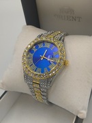 Luksusowy zegarek męski ICE złoto srebrny z granatową tarczą z cyrkoniami