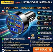 Ładowarka Samochodowa 6w1 USB-C PD QC 3.0 Szybka 3.1A LED 12-24V MOCNA