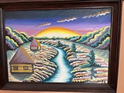 ,, Dwa domy drewniane przy rzece ’’ obraz olejny