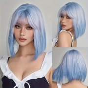 Peruka niebieska ombre Bob grzywka proste Manga 
