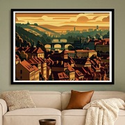 Praga - panorama, zachód słońca - Art Deco, plakat 60x40cm