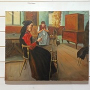 Obraz olejny na płótnie 'Prace we wiejskiej chacie-oryginalny,sygnowany.