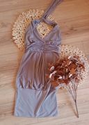 Szara sukienka wiązana na szyi dobra na 36S 38M beżowa brązowa mini