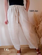 Letnie długie spodnie lniane 100% len  beżowe ecru casual boho 46