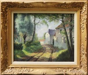 Olej na desce ,, Droga do fermy ,, R . Ganip 44 Belgia 77/67 cm