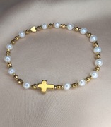 Bransoletka różaniec kamienie perły naturalne krzyżyk serduszko prezent