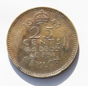 Cejlon 25 cent 1943 Jerzy VI  Stan !!