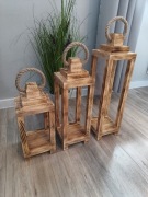 Lampiony drewniane zestaw 3 sztuki opalane 35 45 55