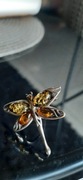 Pierścionek srebro 925 regulowany Motyl/ważka bursztyn 