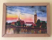 Wrocław. Wieczór nad Odrą. Akwarela formatu 29x20