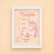 Metryczka dziecka A4 w ramce personalizowana jednorożec