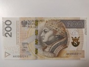 Banknot 200 zł Seria AK0002211 dla kolekcjonera 