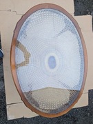 STOLIK W STYLU LUDWIKOWSKIM, DREWNO, OKRĄGŁY, RATAN + SZKLANY BLAT.