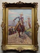 JAN ERAZM KOTOWSKI - " NA PRERII " - OLEJ NA TEKTURZE XX WIEK