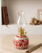 Lampa Naftowa Ceramiczna czerwone kwiaty Styl Retro | 17 cm | STAN IDEALNY