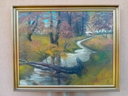 STARY  DUŻY  OBRAZ OLEJNY NA PŁÓTNIE ,, PEJZAŻ "